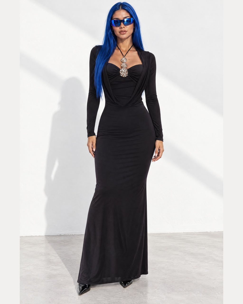 Cowl Neck Long Sleeve Trim Maxi Dress in Black - front view on model | Muvin