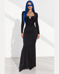Cowl Neck Long Sleeve Trim Maxi Dress in Black - front view on model | Muvin