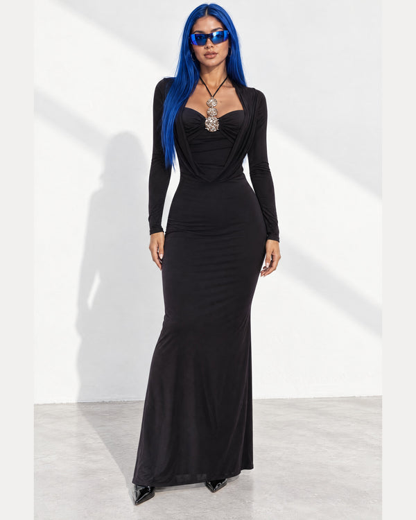 Cowl Neck Long Sleeve Trim Maxi Dress in Black - front view on model | Muvin