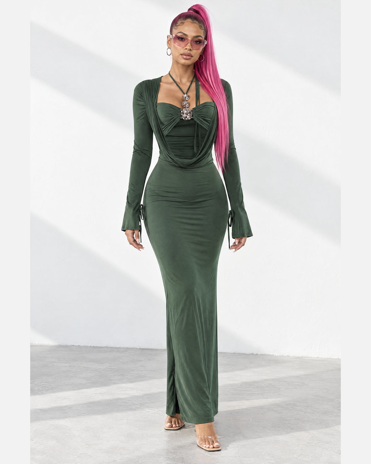Cowl Neck Long Sleeve Trim Maxi Dress in Olive - front view on model | Muvin