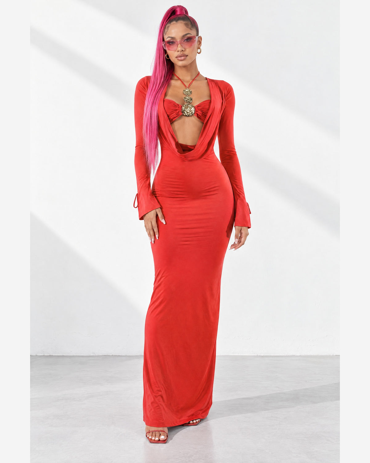 Cowl Neck Long Sleeve Trim Maxi Dress in Red - front view on model | Muvin