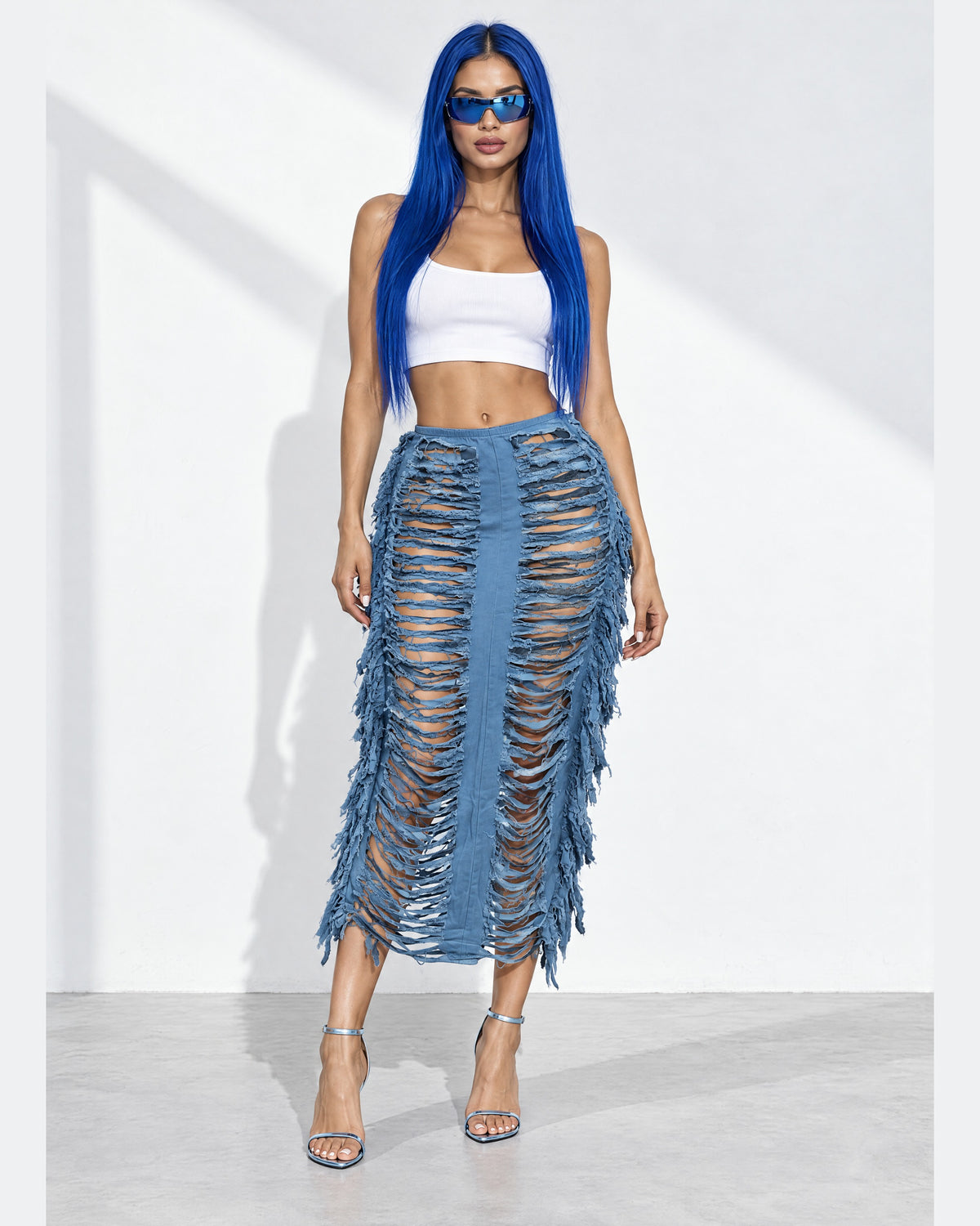 Distressed Denim Fringe Maxi Skirt in Denim - front view on model | Muvin