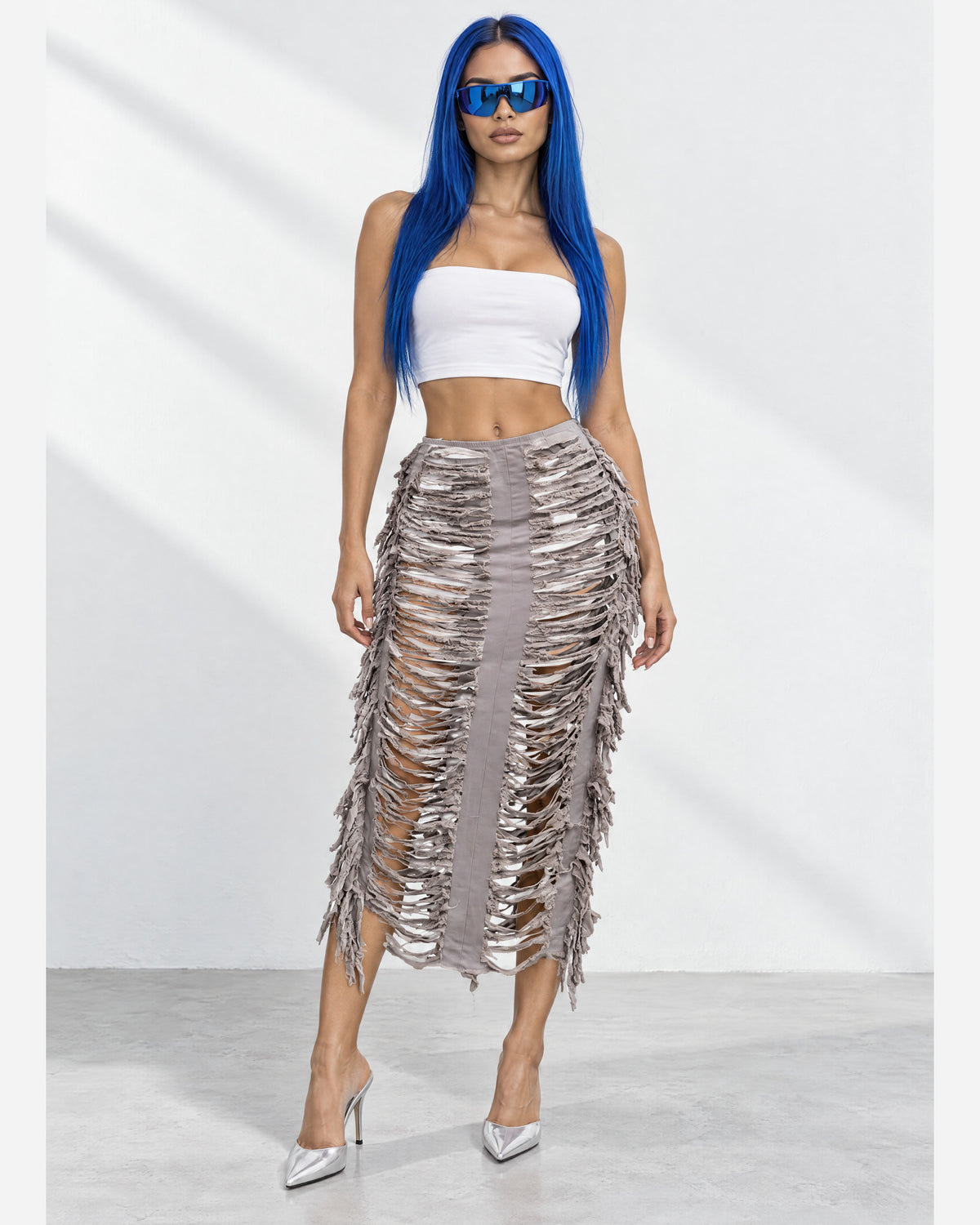 Distressed Denim Fringe Maxi Skirt in Grey - front view on model | Muvin