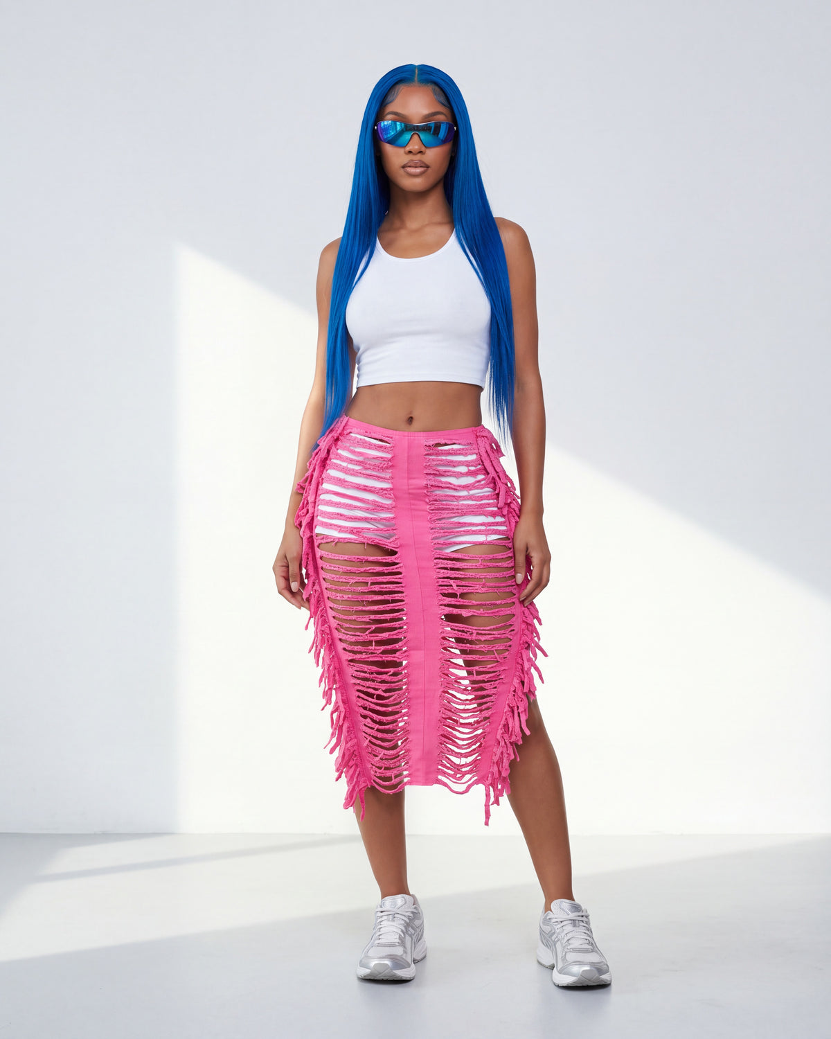 Distressed Denim Fringe Maxi Skirt in Pink - front view on model | Muvin