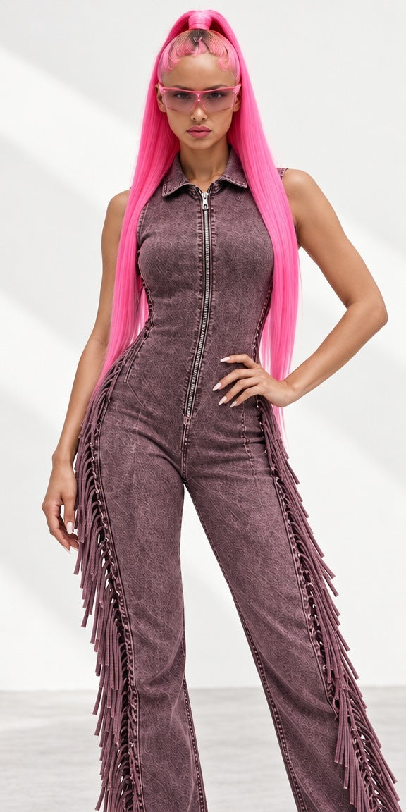 Washed denim fringe jumpsuit, editorial