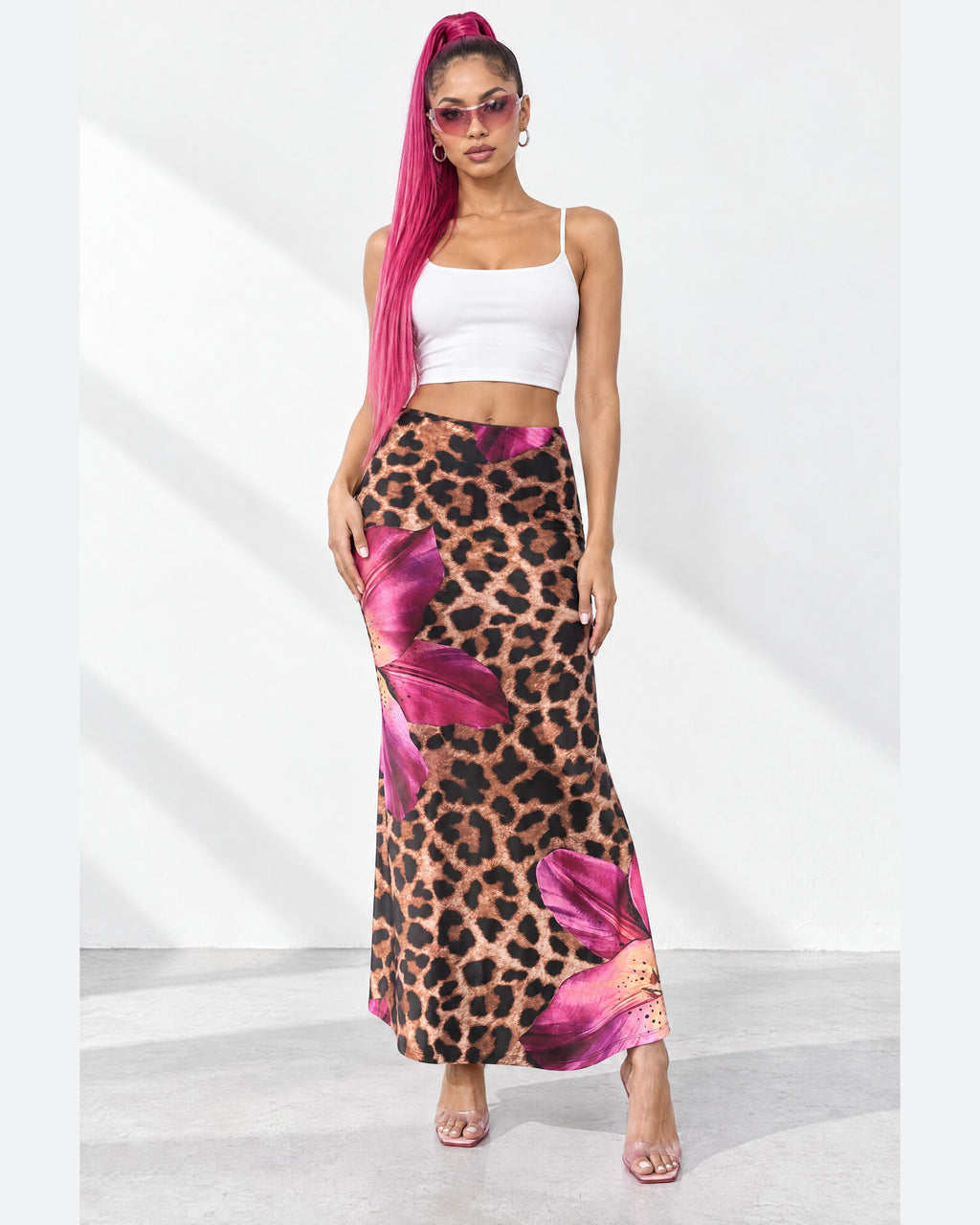 Floral Leopard Flare Maxi Skirt in Brown/Magenta - front view on model | Muvin