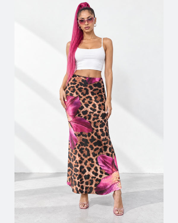 Floral Leopard Flare Maxi Skirt in Brown/Magenta - front view on model | Muvin