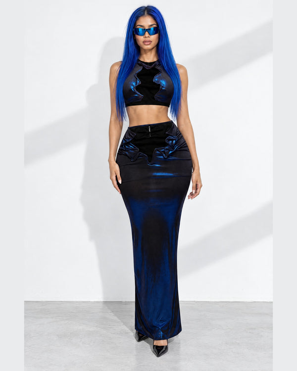 Foiled Wire Crop Top & Maxi Skirt Set in Royal - front view on model | Muvin