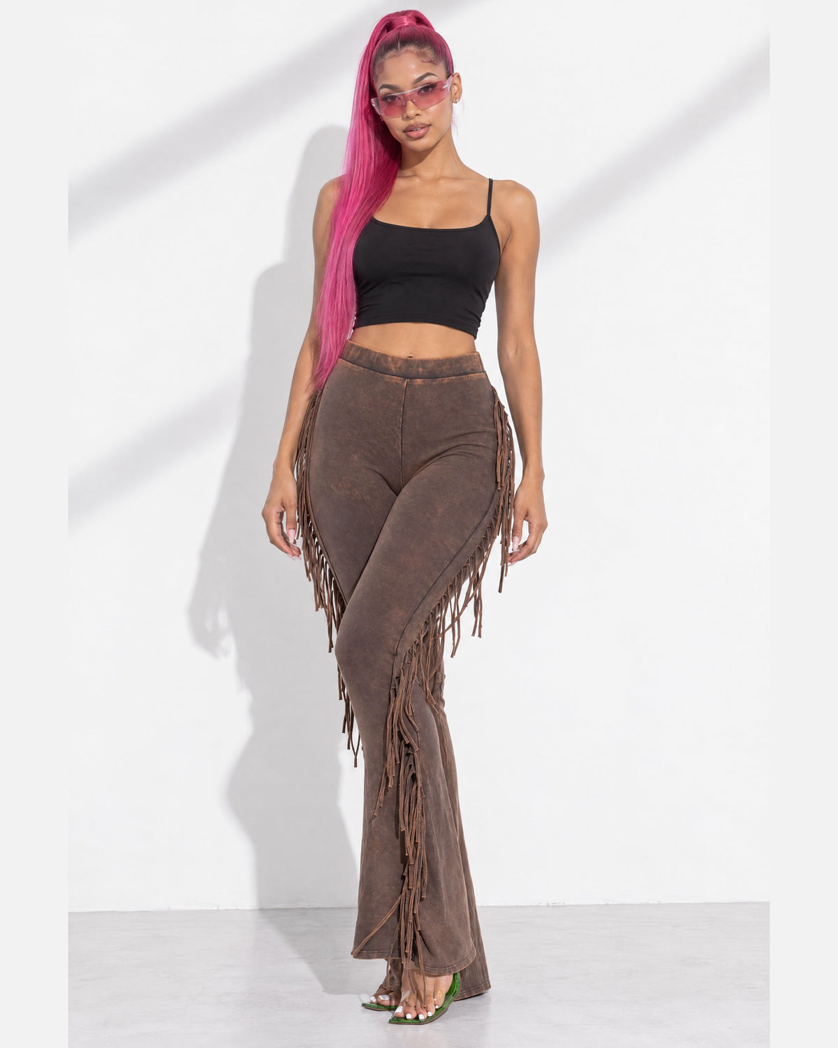 Fringe Trim Mineral Wash Pants in Brown - front view on model | Muvin