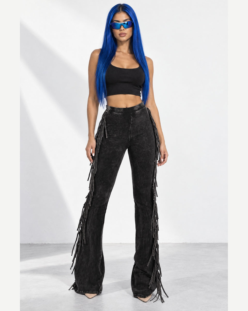 Fringe Trim Mineral Wash Pants in Charcoal - front view on model | Muvin