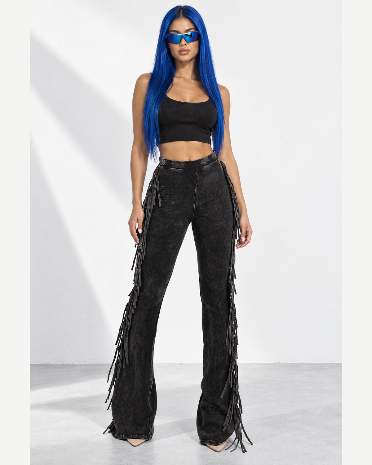 Fringe Trim Mineral Wash Pants in Charcoal - front view on model | Muvin