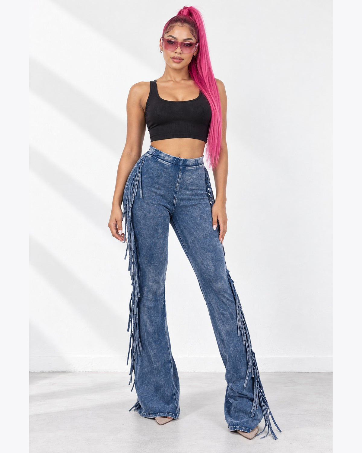 Fringe Trim Mineral Wash Pants in Denim - front view on model | Muvin