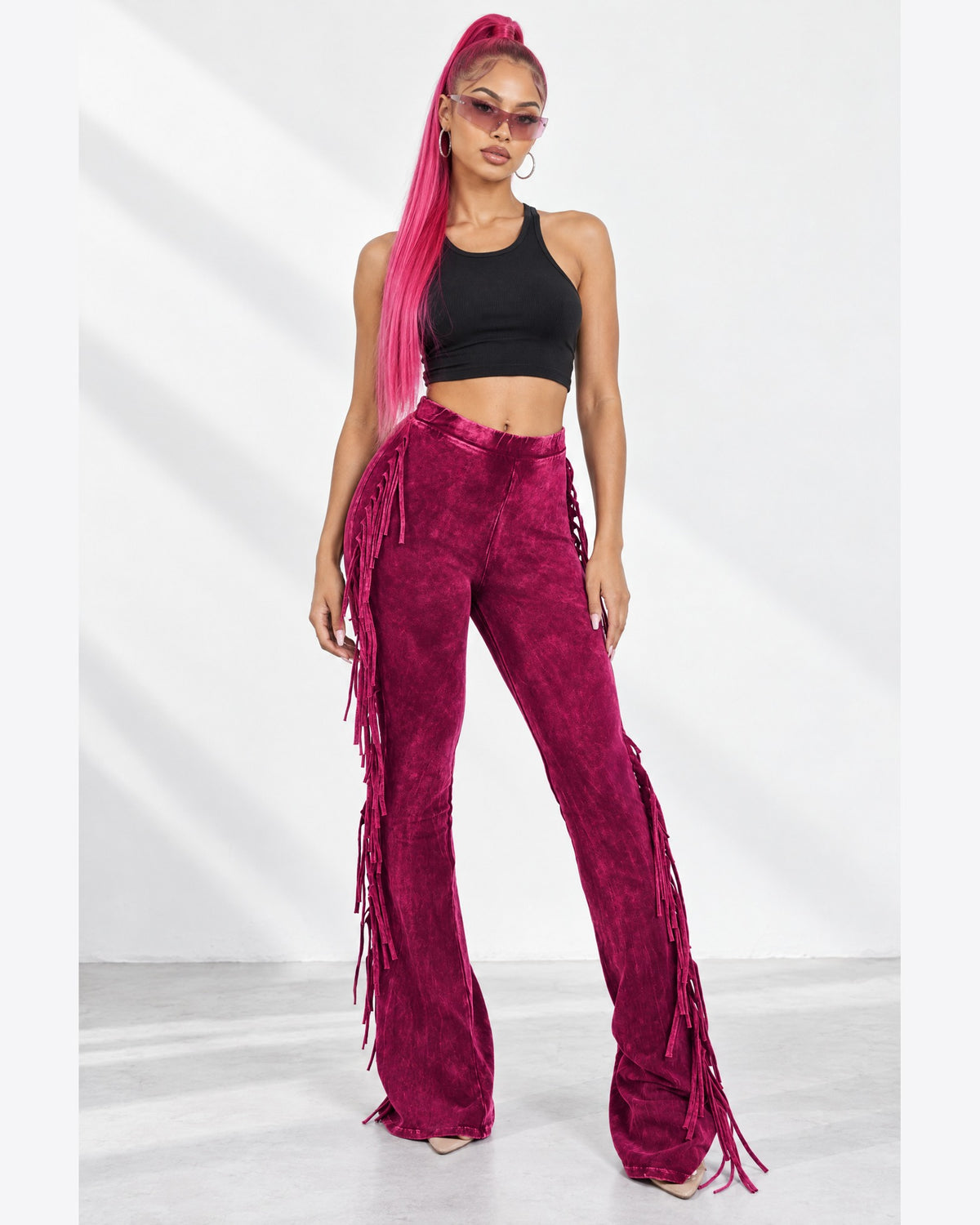 Fringe Trim Mineral Wash Pants in Dk Fuschia - front view on model | Muvin