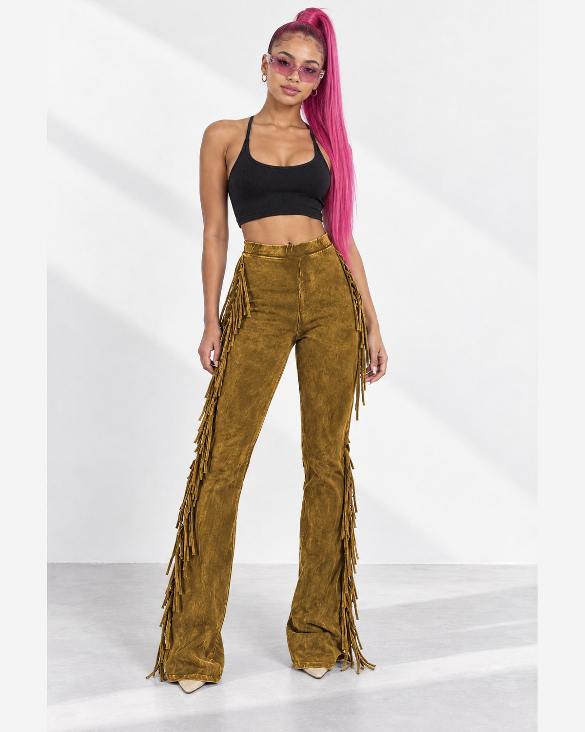 Fringe Trim Mineral Wash Pants in Dk Mustard - front view on model | Muvin