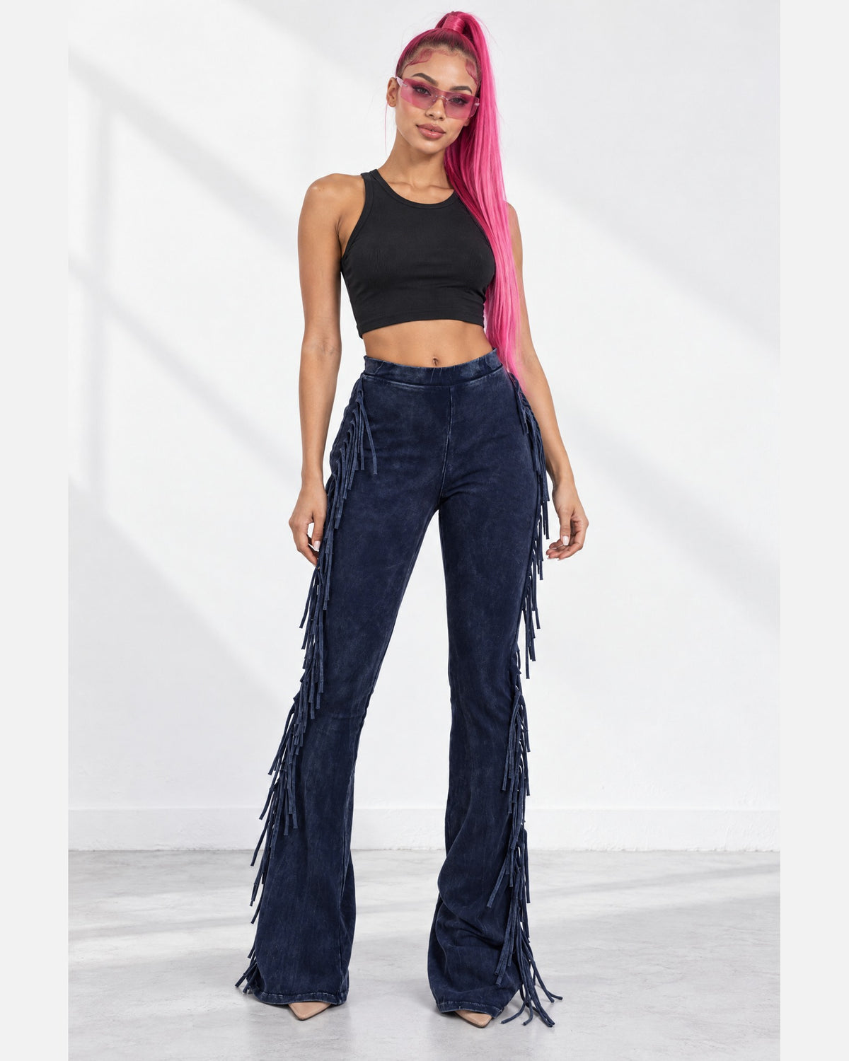 Fringe Trim Mineral Wash Pants in Dk Navy - front view on model | Muvin
