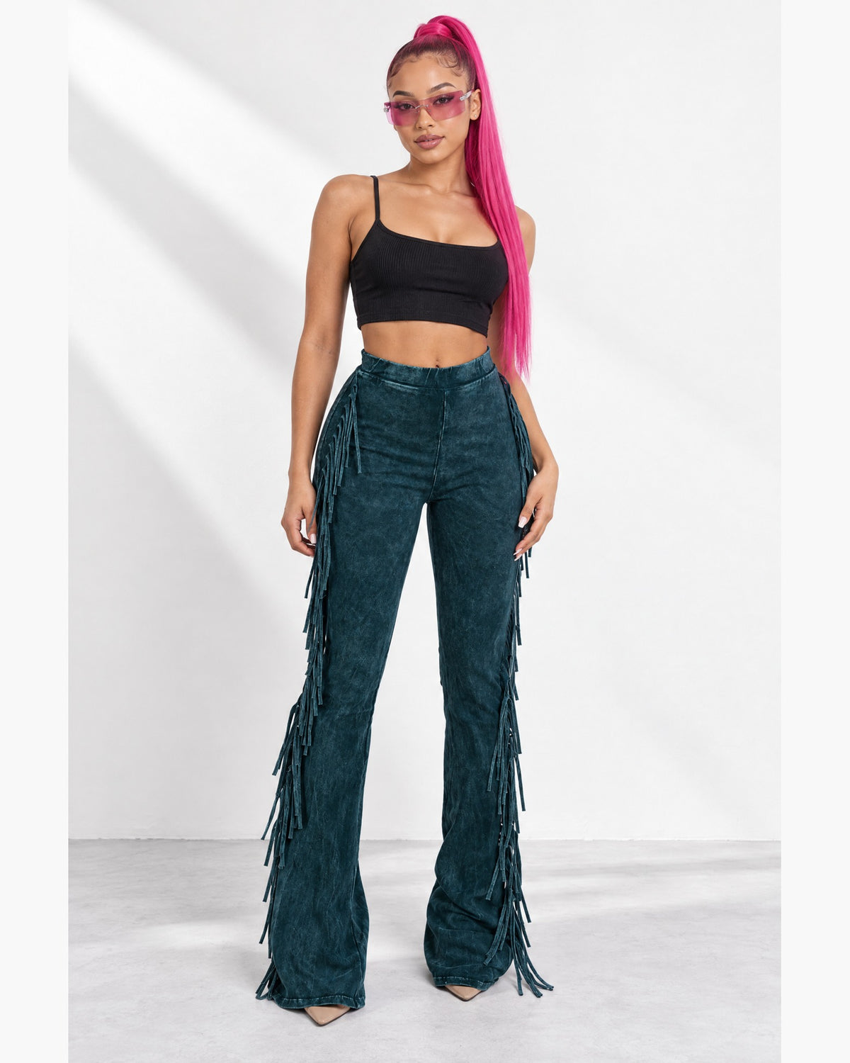 Fringe Trim Mineral Wash Pants in Dk Teal - front view on model | Muvin