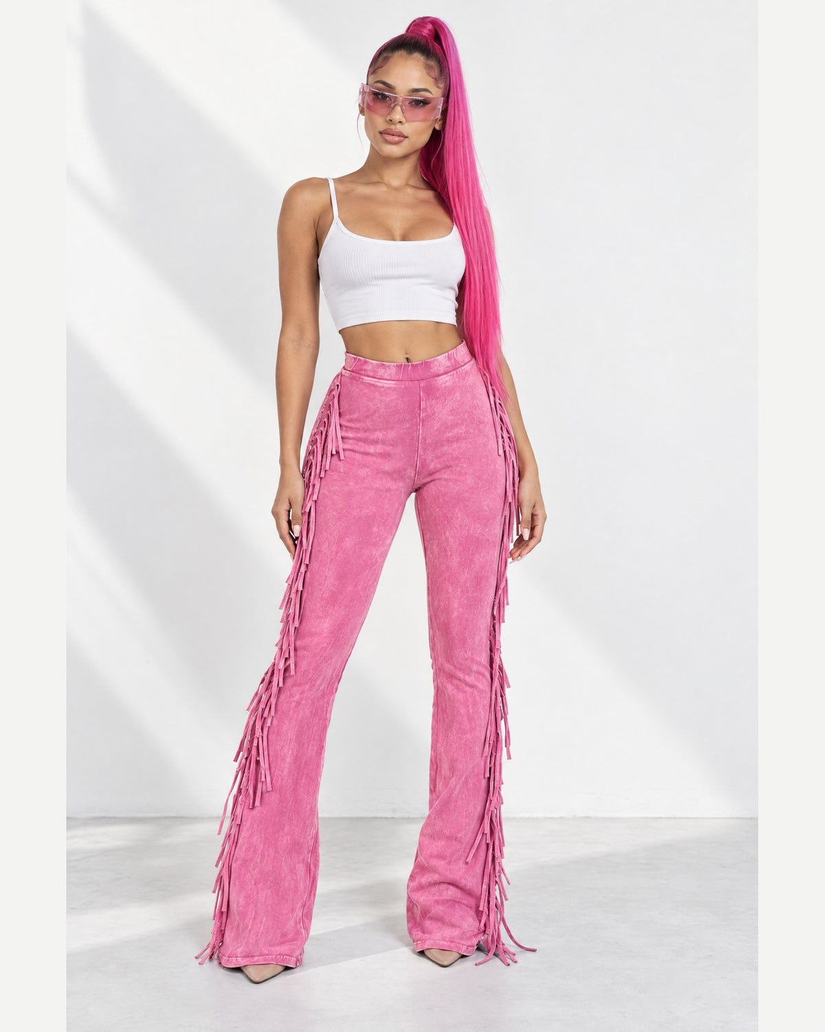 Fringe Trim Mineral Wash Pants in Pink - front view on model | Muvin