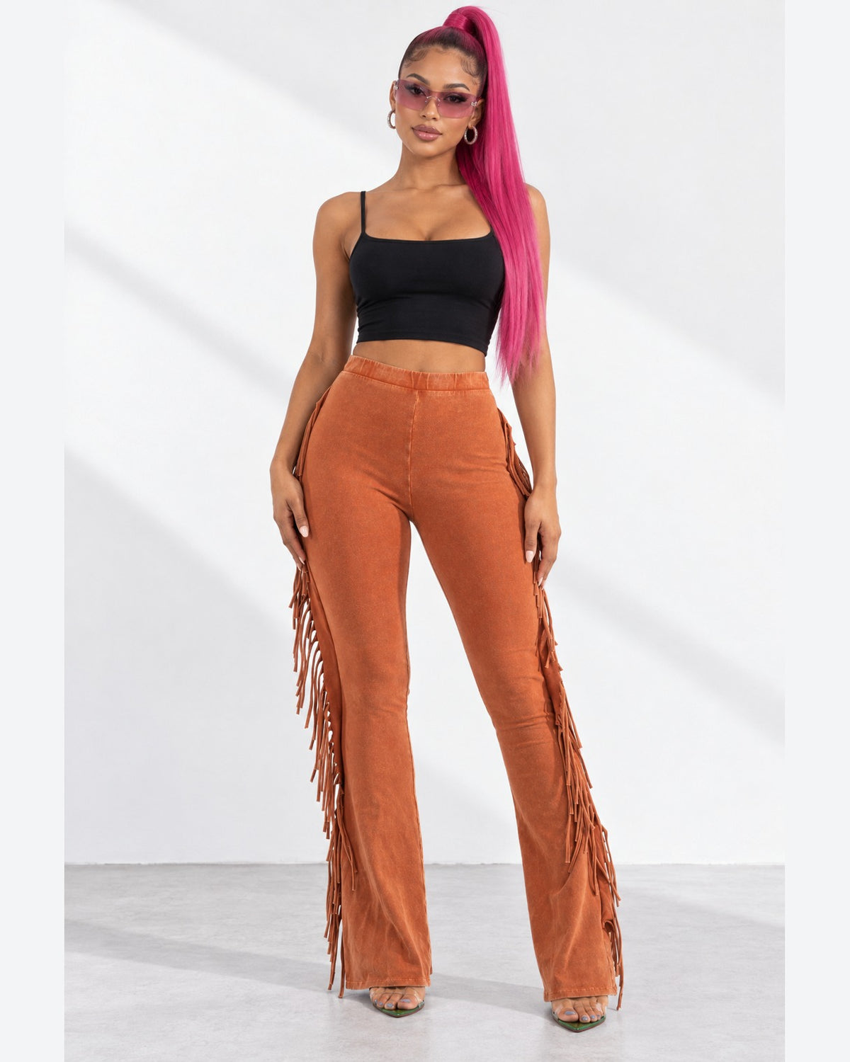 Fringe Trim Mineral Wash Pants in Rust - front view on model | Muvin