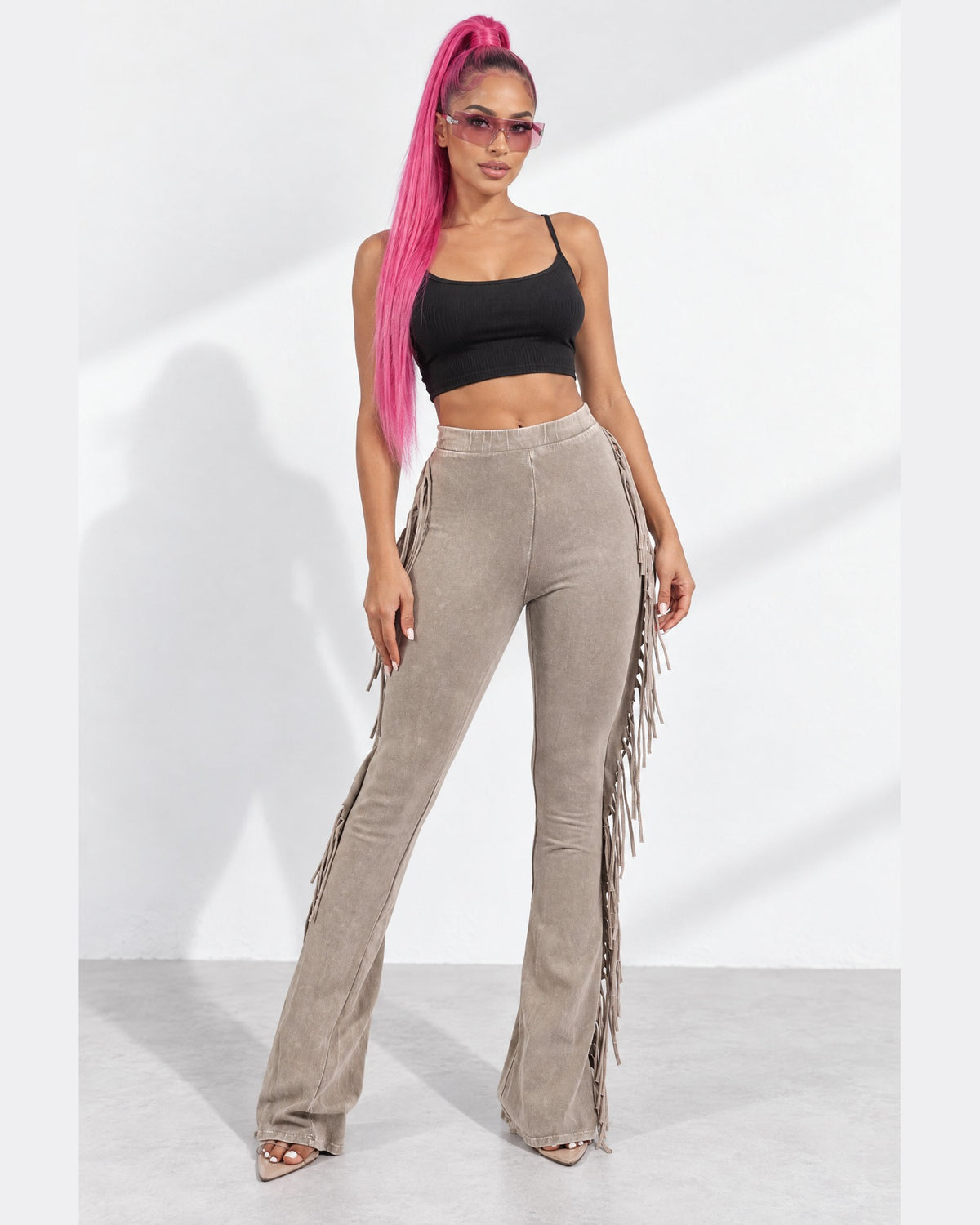 Fringe Trim Mineral Wash Pants in Taupe - front view on model | Muvin