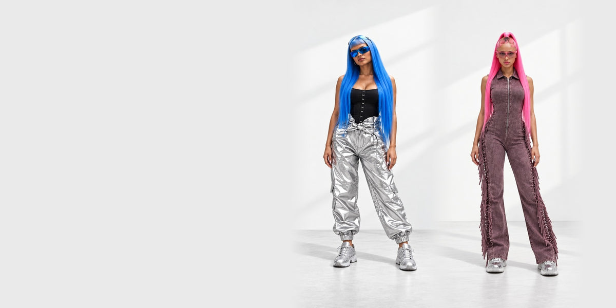 Muvin Y2K looks: silver metallic cargo joggers with black corset and fringe denim jumpsuit, white studio
