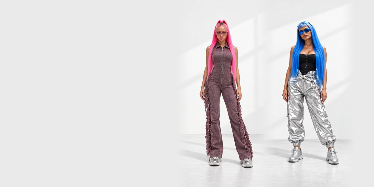 Muvin Y2K looks: fringe denim jumpsuit and silver metallic cargo joggers, white studio