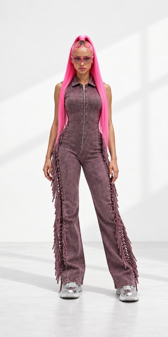 Washed denim fringe jumpsuit, pink-haired model in sunglasses