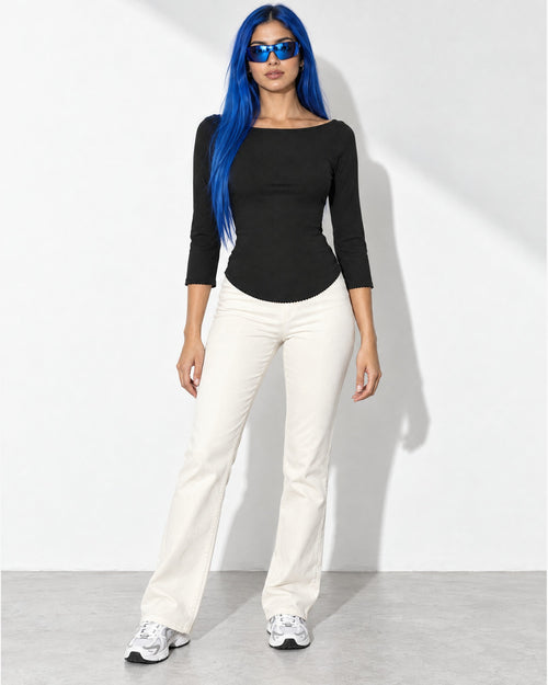 3/4 Sleeves Round Hem Top in Black - front view on model | Muvin
