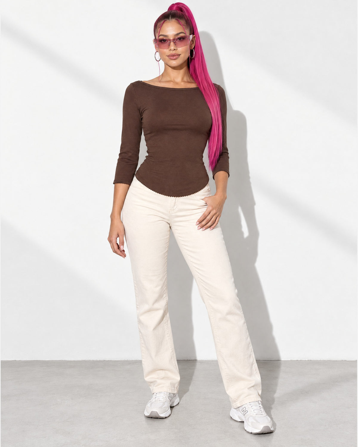 3/4 Sleeves Round Hem Top in Chocolate - front view on model | Muvin