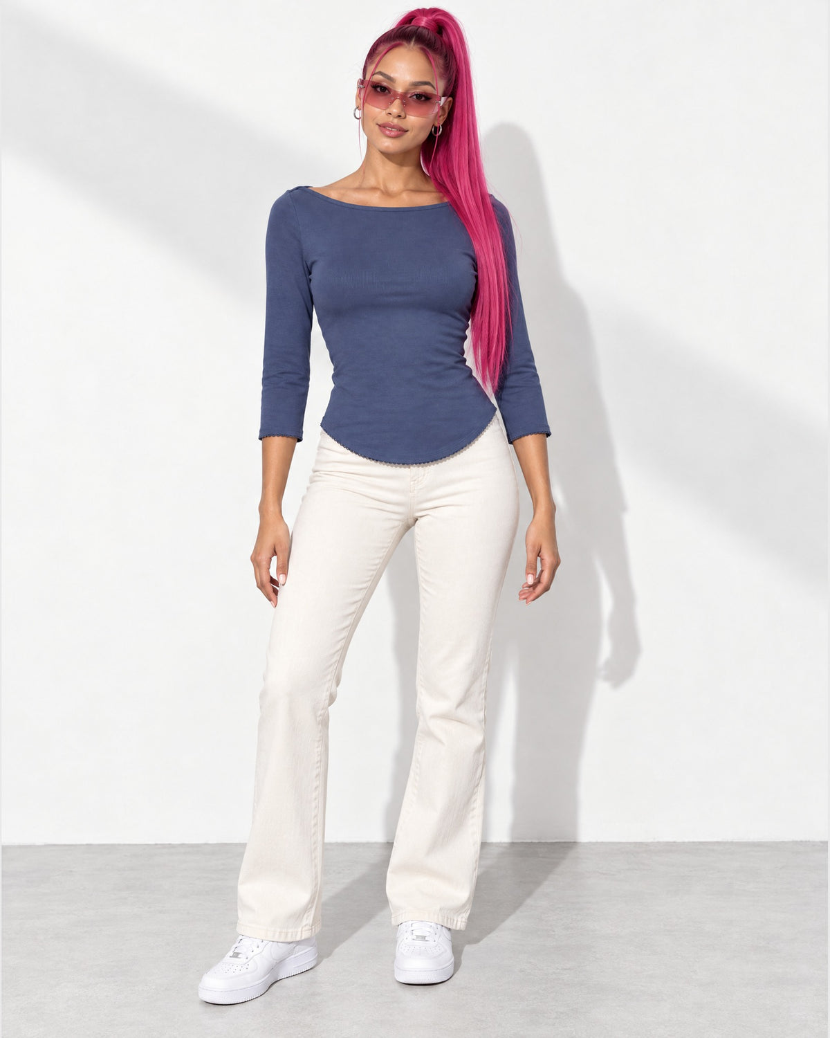 3/4 Sleeves Round Hem Top in Dk Denim - front view on model | Muvin