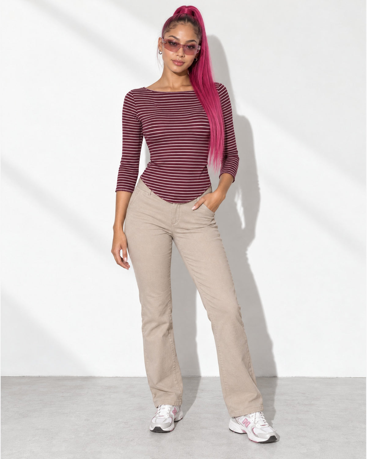3/4 Sleeves Round Hem Top in Burgundy/White - front view on model | Muvin