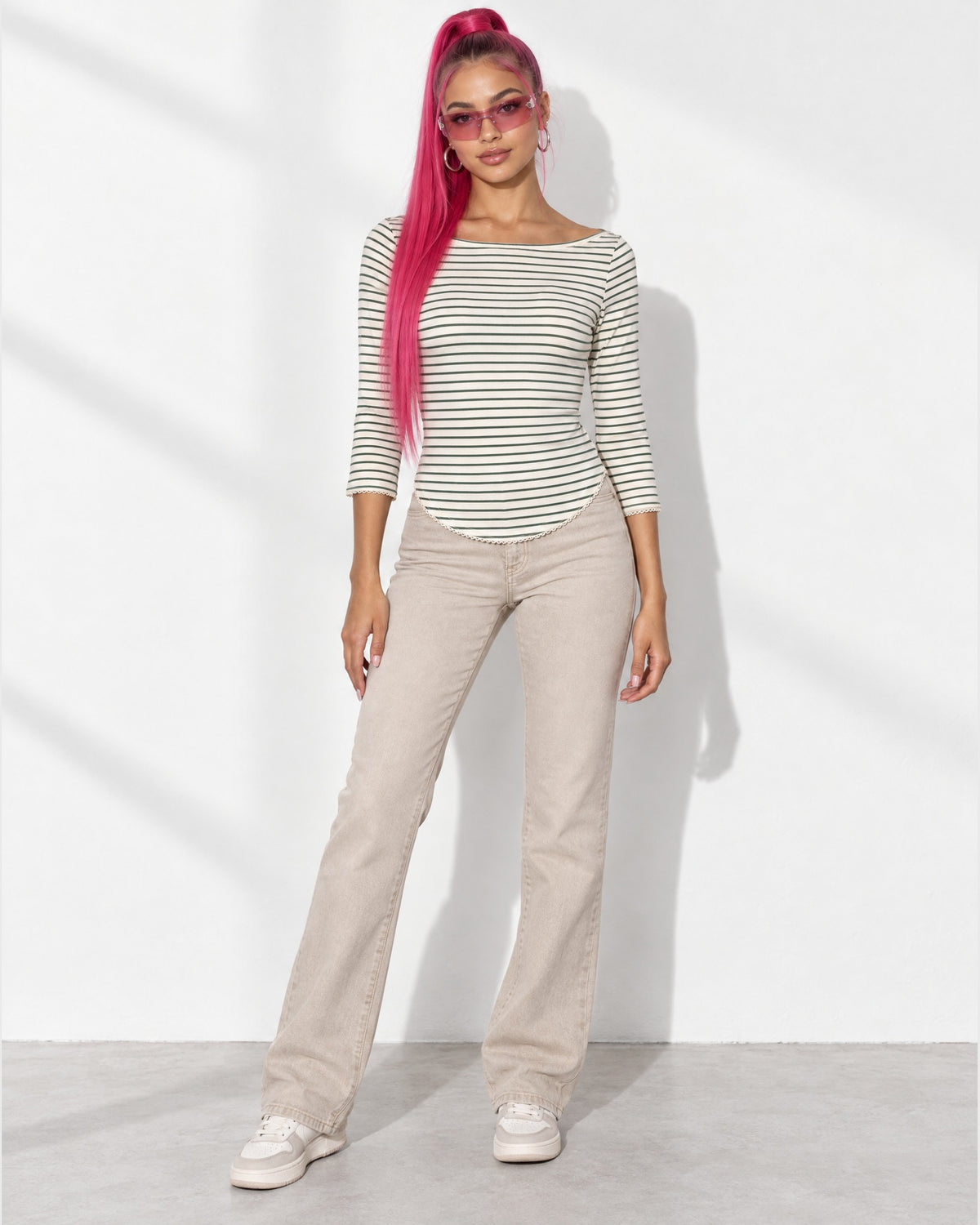 3/4 Sleeves Round Hem Top in Ivory/Green - front view on model | Muvin