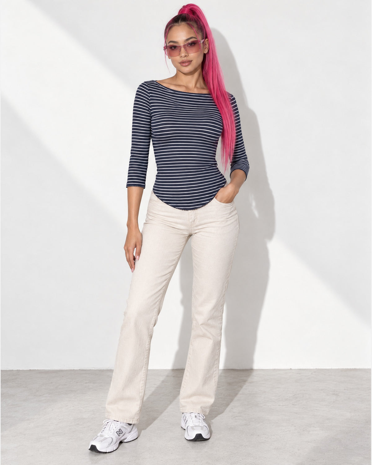3/4 Sleeves Round Hem Top in Navy/White - front view on model | Muvin