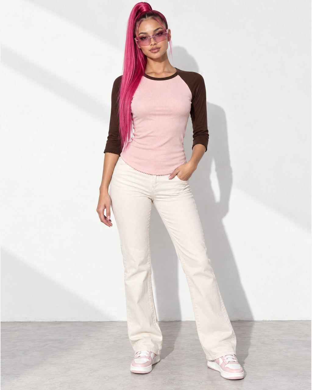 3/4 Raglan Sleeves Round Hem Top in Brown/Pink - front view on model | Muvin