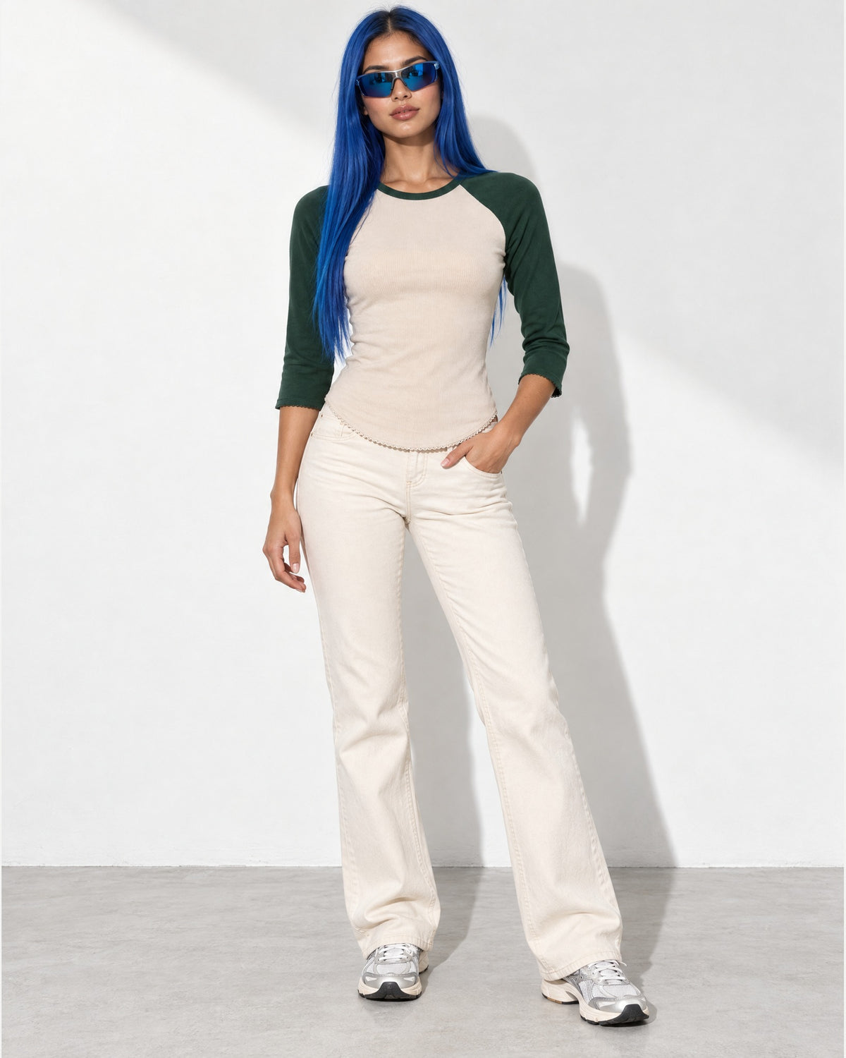 3/4 Raglan Sleeves Round Hem Top in Hunter/Beige - front view on model | Muvin