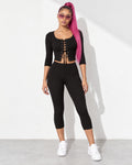 3/4 Sleeves Shoelace Closure Top & Capri Set in Black - front view on model | Muvin