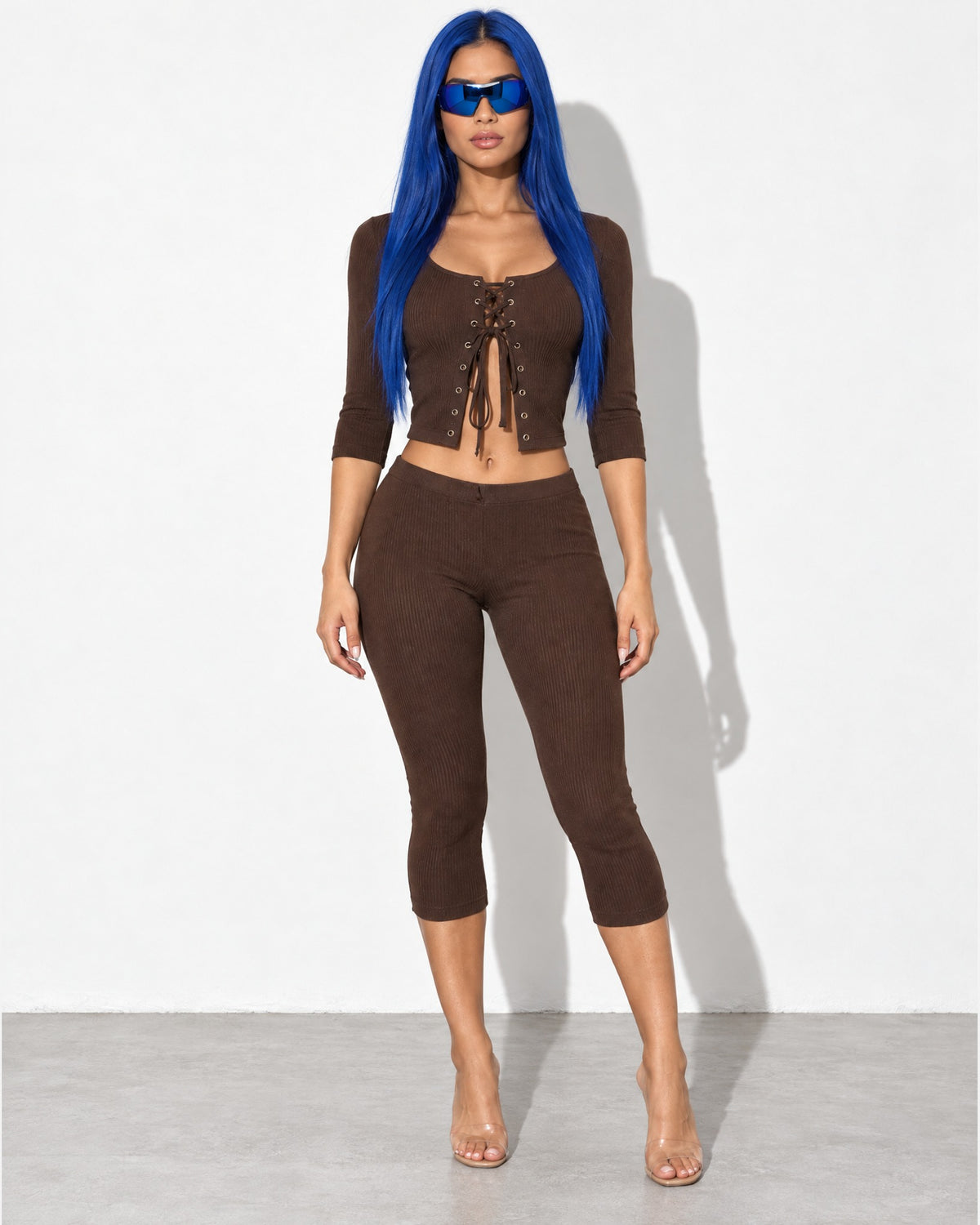 3/4 Sleeves Shoelace Closure Top & Capri Set in Brown - front view on model | Muvin