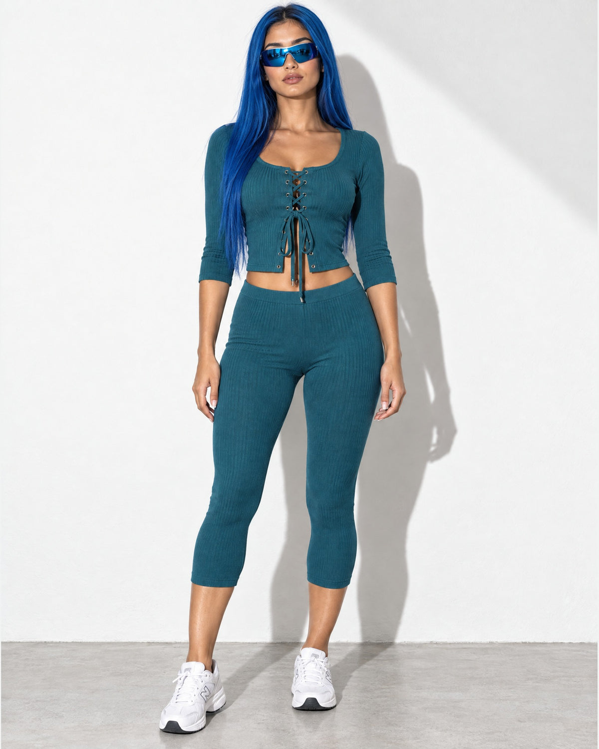 3/4 Sleeves Shoelace Closure Top & Capri Set in Hunter - front view on model | Muvin