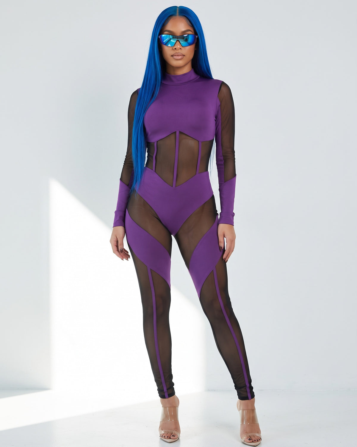 Mesh Contrast Jumpsuit in Purple/Black - front view on model | Muvin