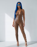 Buckle Trimmed Matte PU Jumpsuit in Brown - front view on model | Muvin