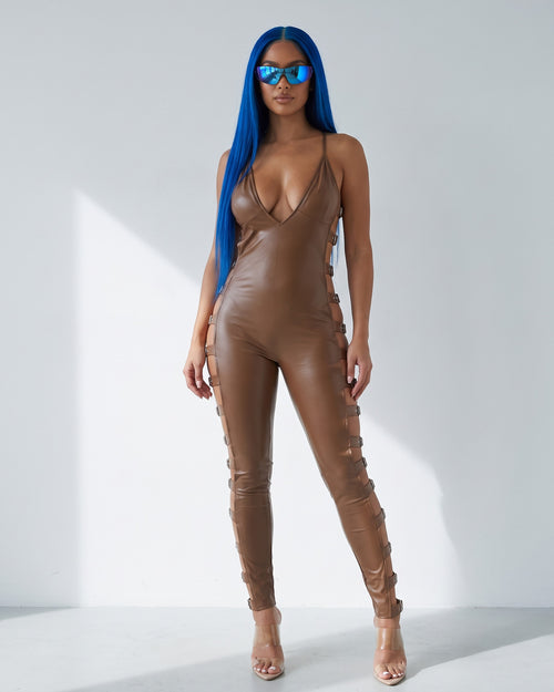 Buckle Trimmed Matte PU Jumpsuit in Brown - front view on model | Muvin