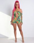 Strappy Sleeve Printed Romper in Lime - front view on model | Muvin