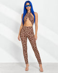 Cut Out Detailed Snake Printed Jumpsuit in Brown Combo - front view on model | Muvin