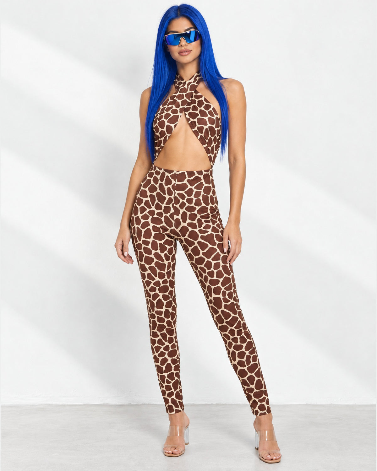 Cut Out Detailed Snake Printed Jumpsuit in Brown Combo - front view on model | Muvin