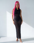 Hooded Mesh Maxi Dress in Black - front view on model | Muvin