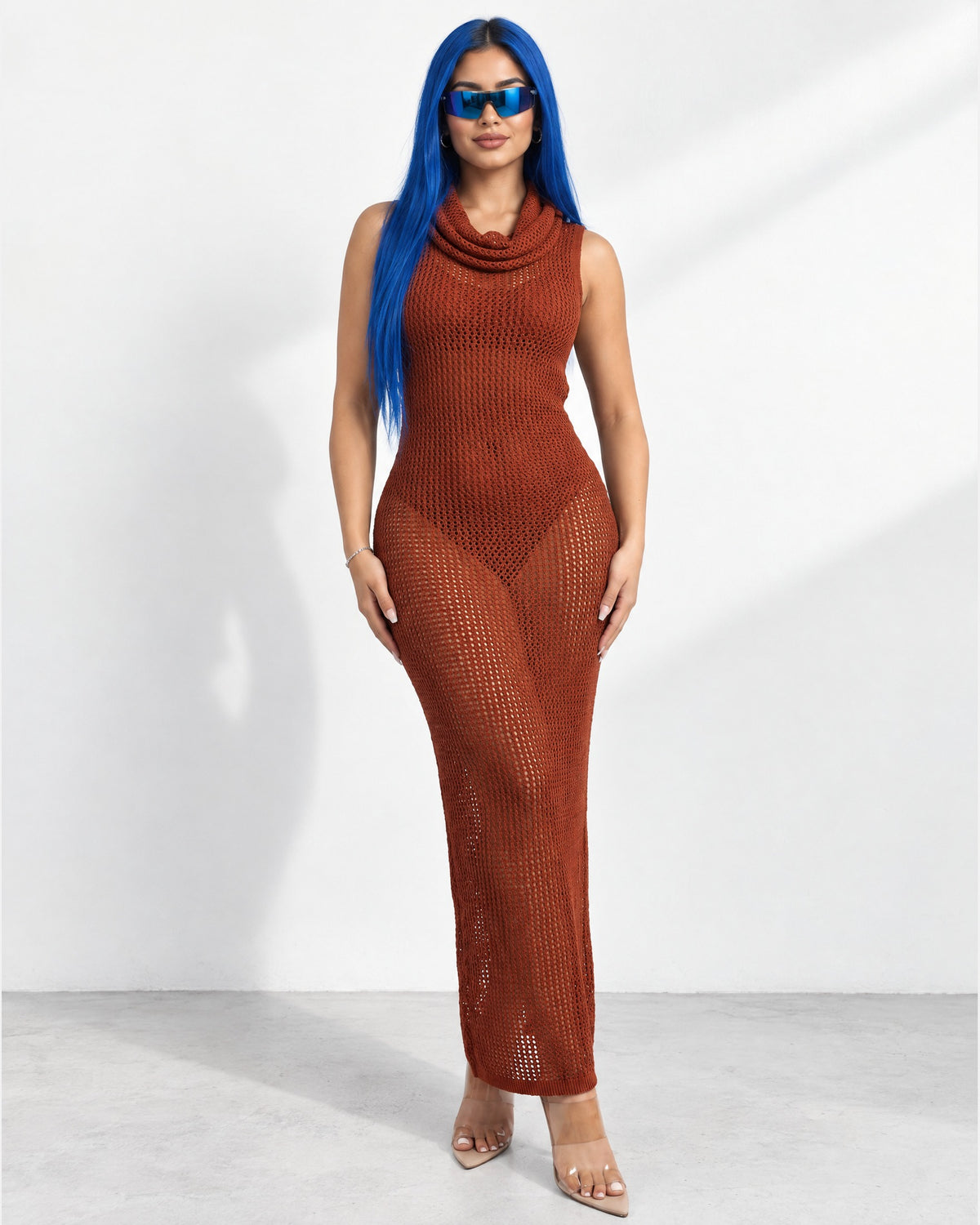 Hooded Mesh Maxi Dress in Rust - front view on model | Muvin