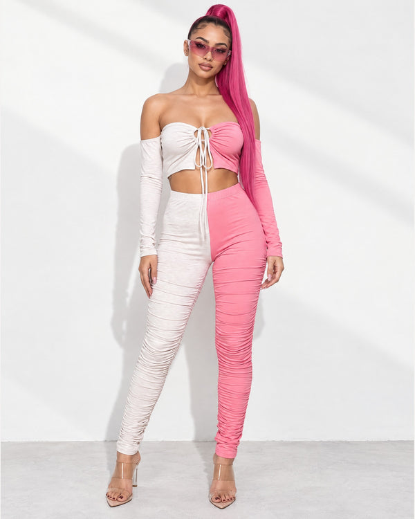 Color Blocked Ruched Set in H.Grey/Pink - front view on model | Muvin