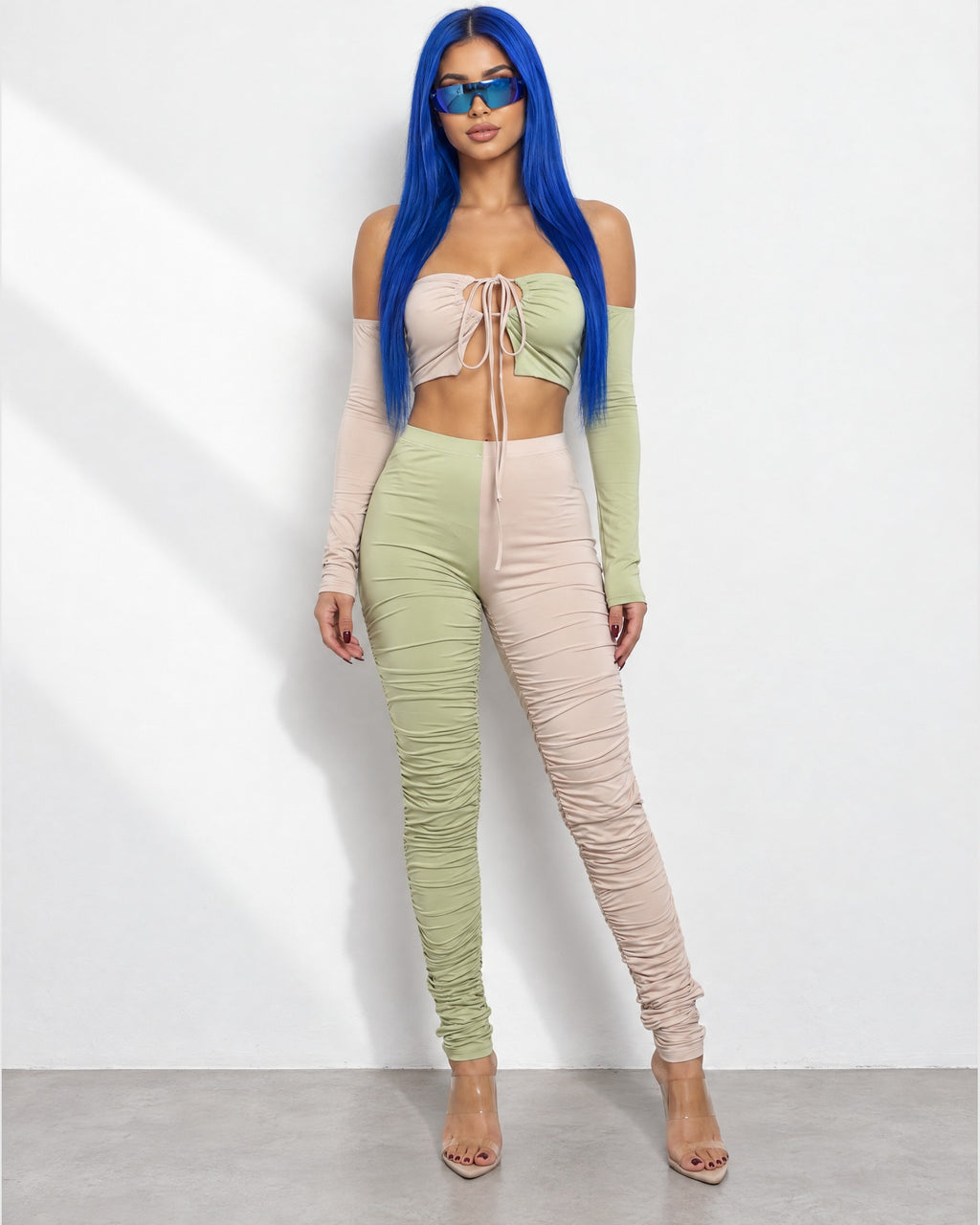 Color Blocked Ruched Set in Nude/Sage - front view on model | Muvin