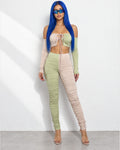 Color Blocked Ruched Set in Nude/Sage - front view on model | Muvin