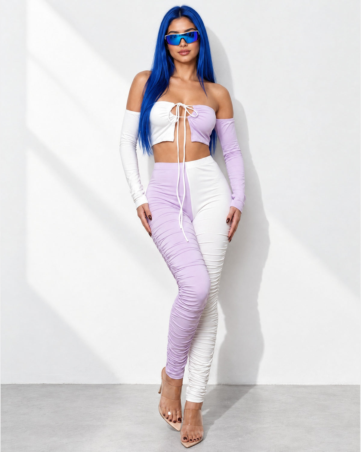 Color Blocked Ruched Set in White/Lavender - front view on model | Muvin