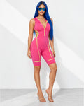 Semi Zip-Up Spaghetti Line Hoodie Romper in Fuchsia/N.Lime - front view on model | Muvin